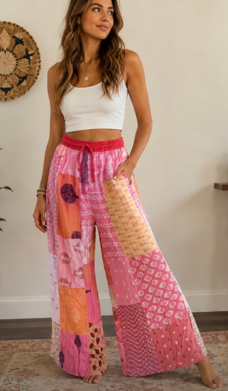 Boho Patchwork Wide Leg Pants Pink Coral Festival Hippie Drawstring Rayon